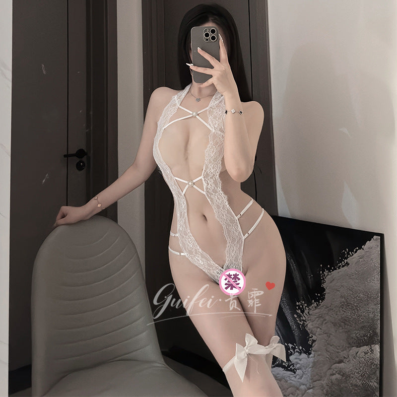 Image of Guifei sexy lingerie sexy lace one-piece pajamas crotch free of hot temptation provocative see-through nightdress set